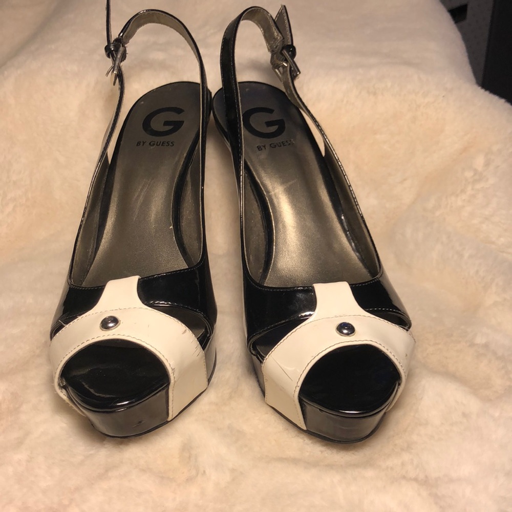 Black and White Slingback Platform Heels - Size 8